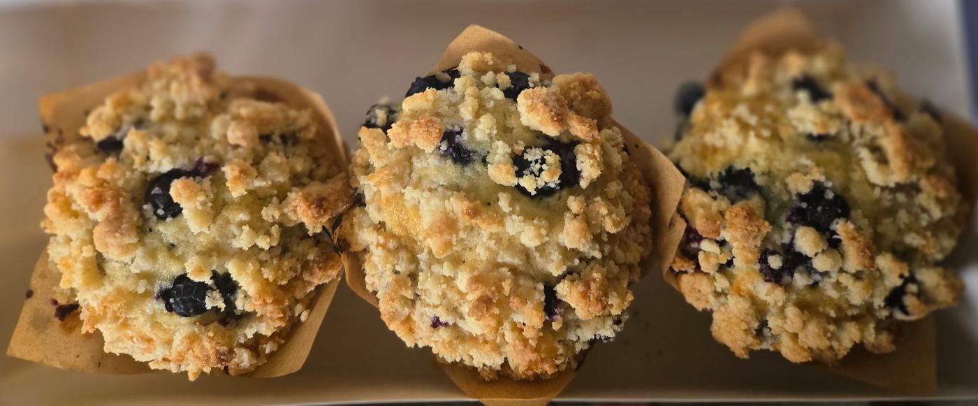 Blueberry crumb muffins with a golden streusel topping